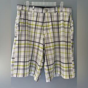 OP OCEAN PACIFIC Men’s 4 Way Stretch Board Shorts Size 32 White Gray Lime Plaid